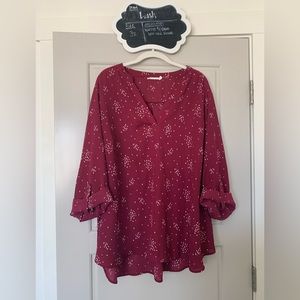 Lush warren burgundy red 3/4 sleeve split neck blouse